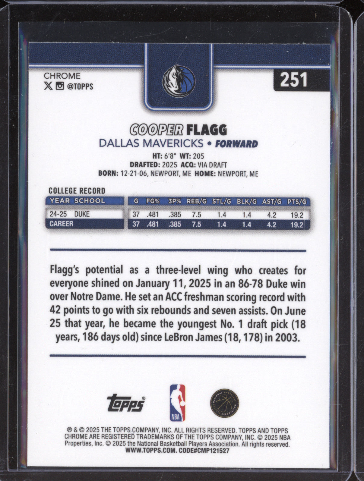 Cooper Flagg 2025-26 Topps Chrome Base Rookie 251 RC