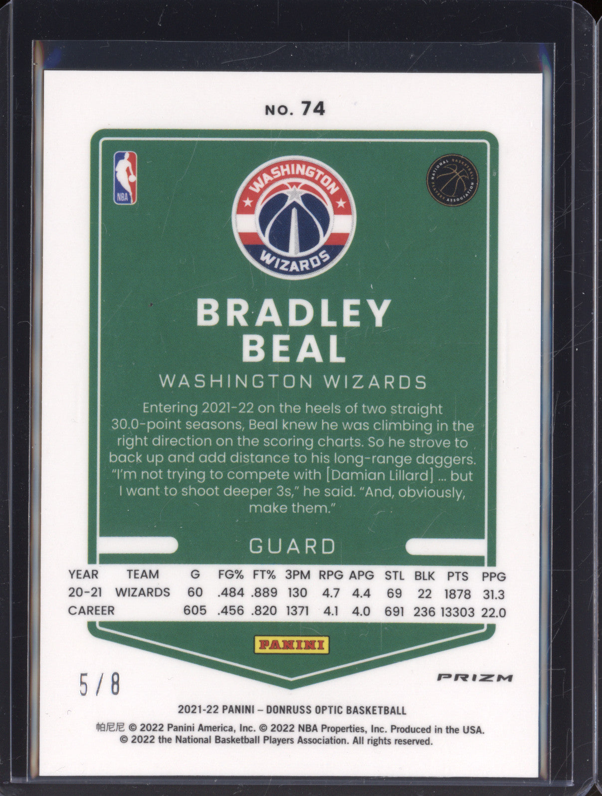 2021-22 Donruss Optic 74 Bradley Beal Choice Black Yellow Mojo Prizm /8