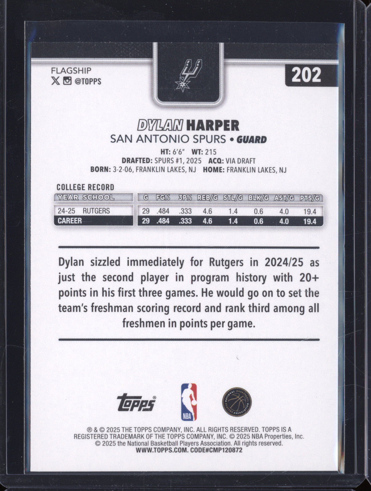 2025 NBA Basketball Topps 202 Dylan Harper Rookie RC