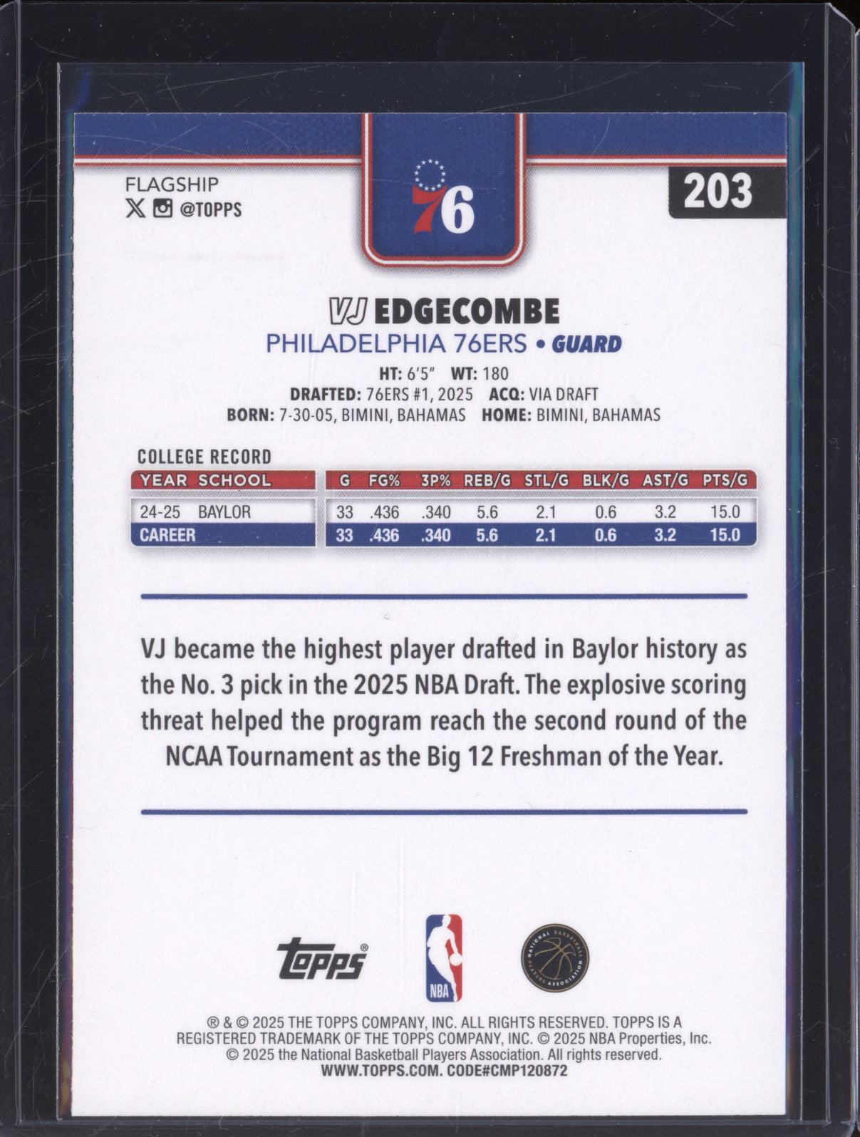2025 NBA Basketball Topps 203 VJ Edgecombe Rookie RC