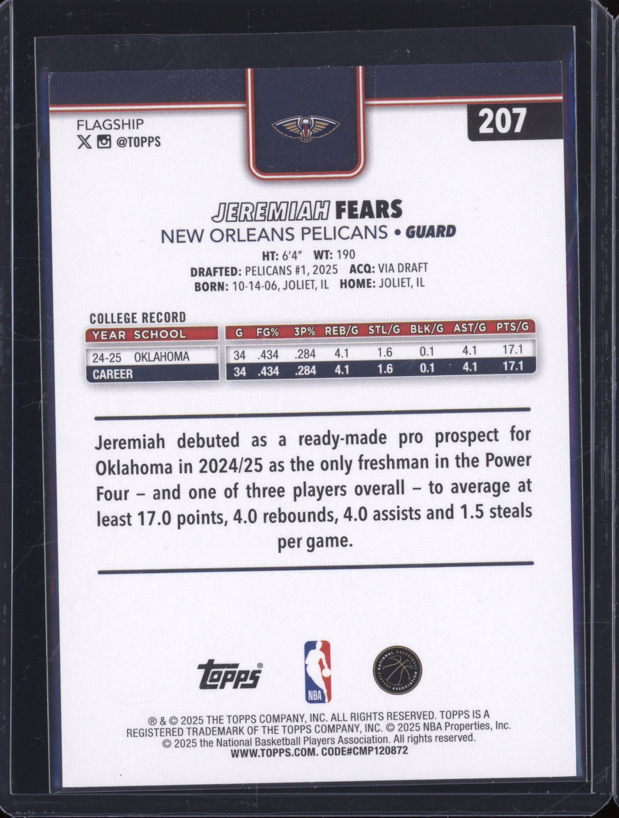 2025 NBA Basketball Topps 207 Jeremiah Fears Rookie RC