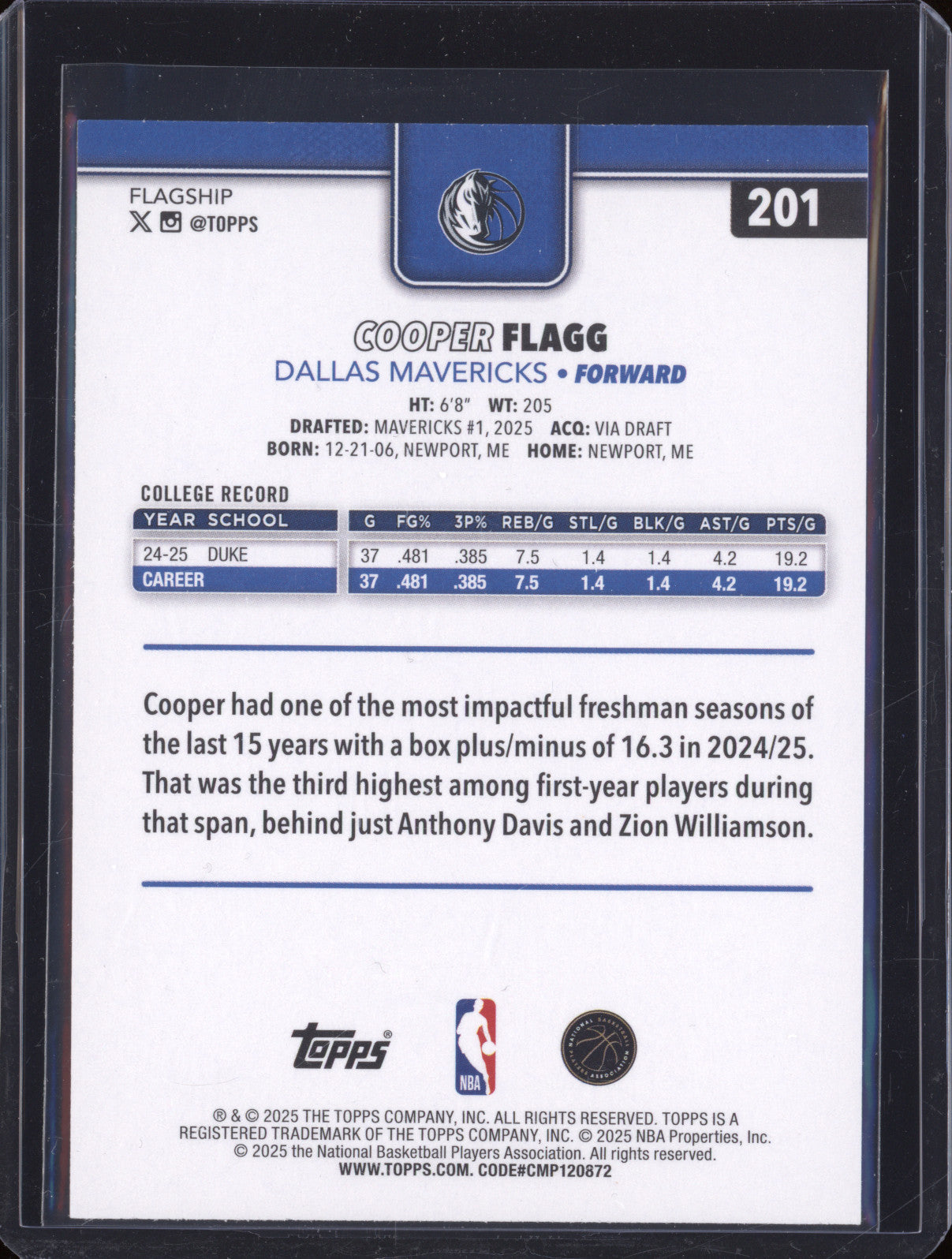 2025 Topps Basketball 201 Cooper Flagg Rookie RC