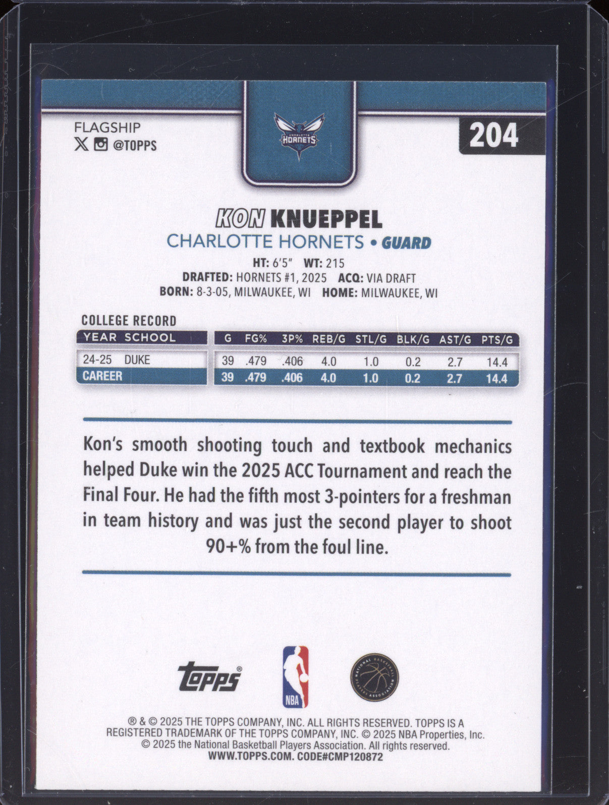 2025 NBA Basketball Topps 204 Kon Knueppel Rookie RC