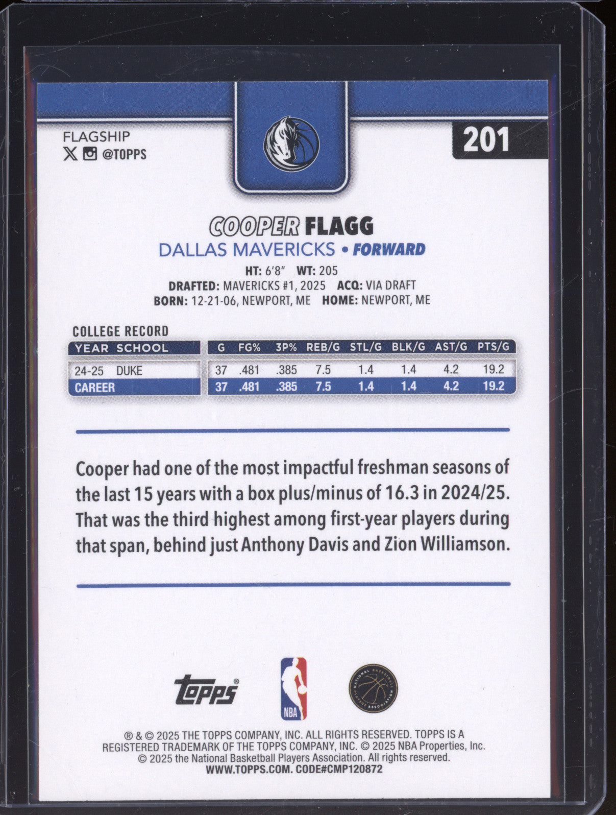 2025 Topps Basketball 201 Cooper Flagg Rookie RC
