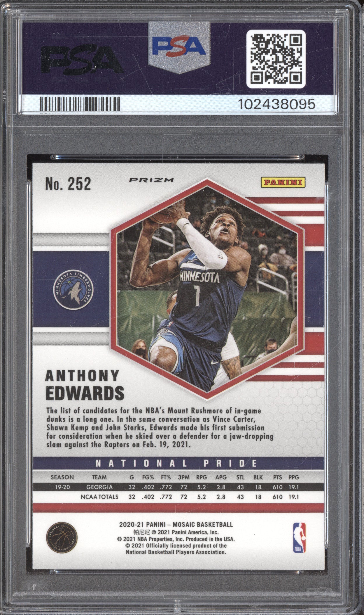 Anthony Edwards Panini Mosaic 252 Reactive Orange RC PSA 9