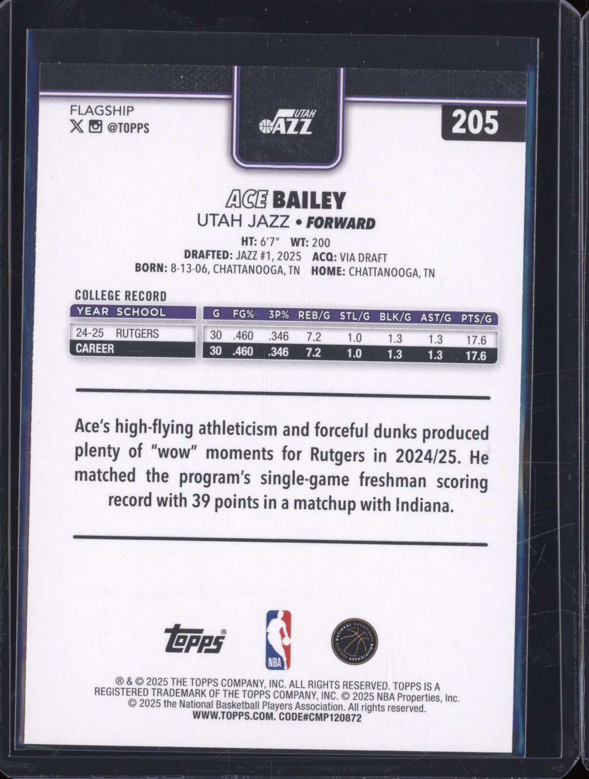 2025 NBA Basketball Topps 205 Ace Bailey Rookie RC