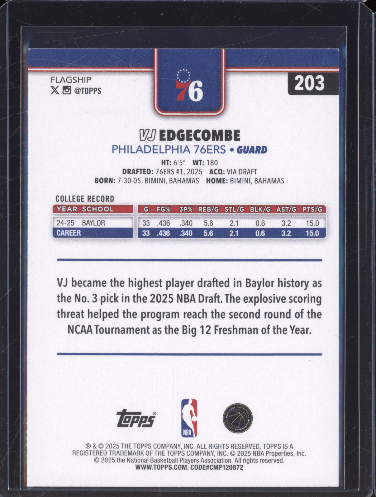2025 NBA Basketball Topps 203 VJ Edgecombe Rookie RC