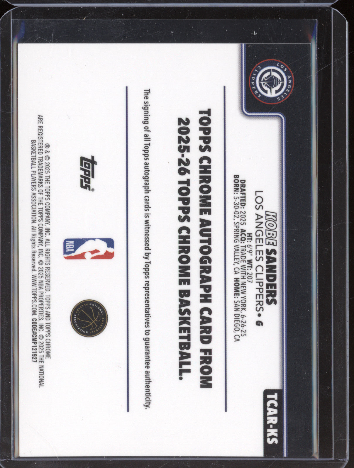 Kobe Sanders 2025-26 Topps Chrome TCAR-KS Rookie Auto RC
