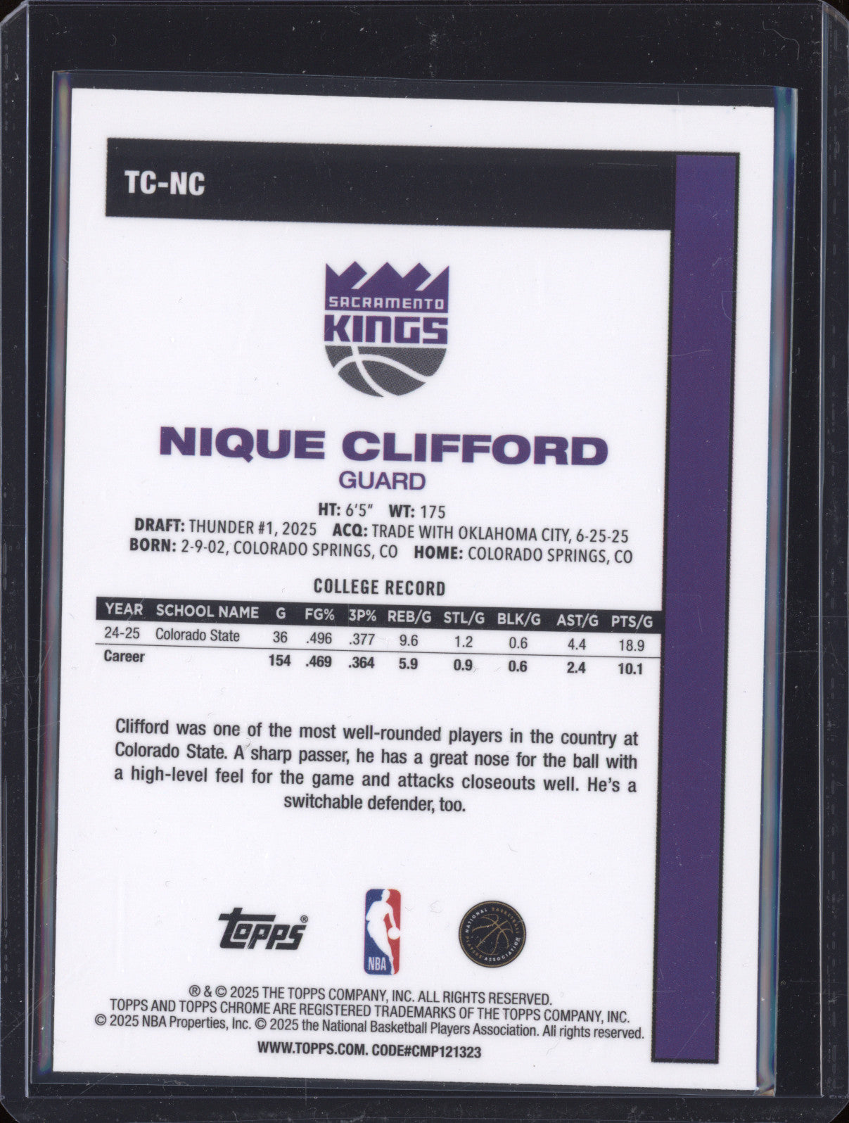 2025 NBA Basketball Topps 1980-81 Chrome TC-NC Nique Clifford Rookie RC