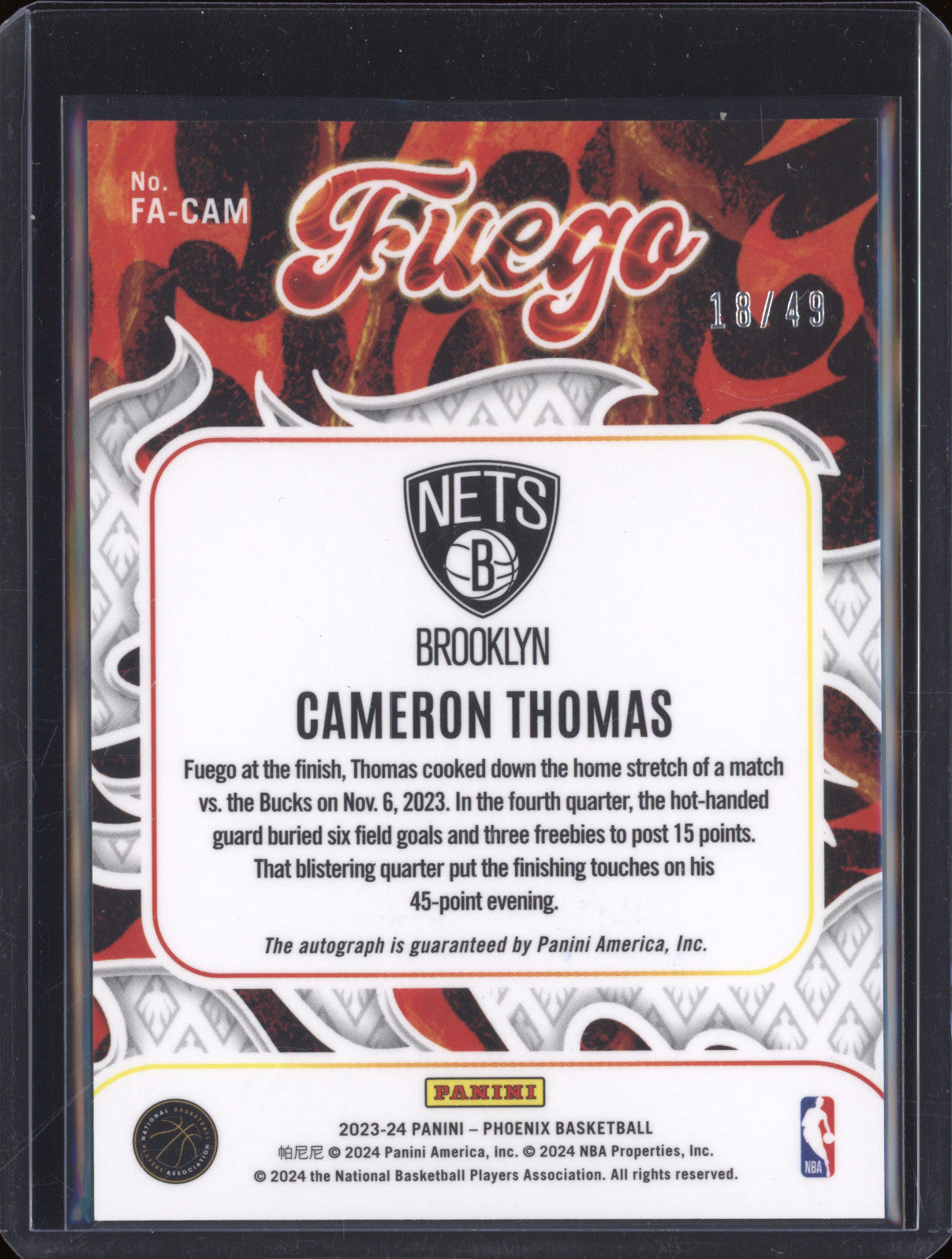 2023-24 Panini Phoenix FA-CAM Cameron Thomas Fuego Orange Auto 18/49