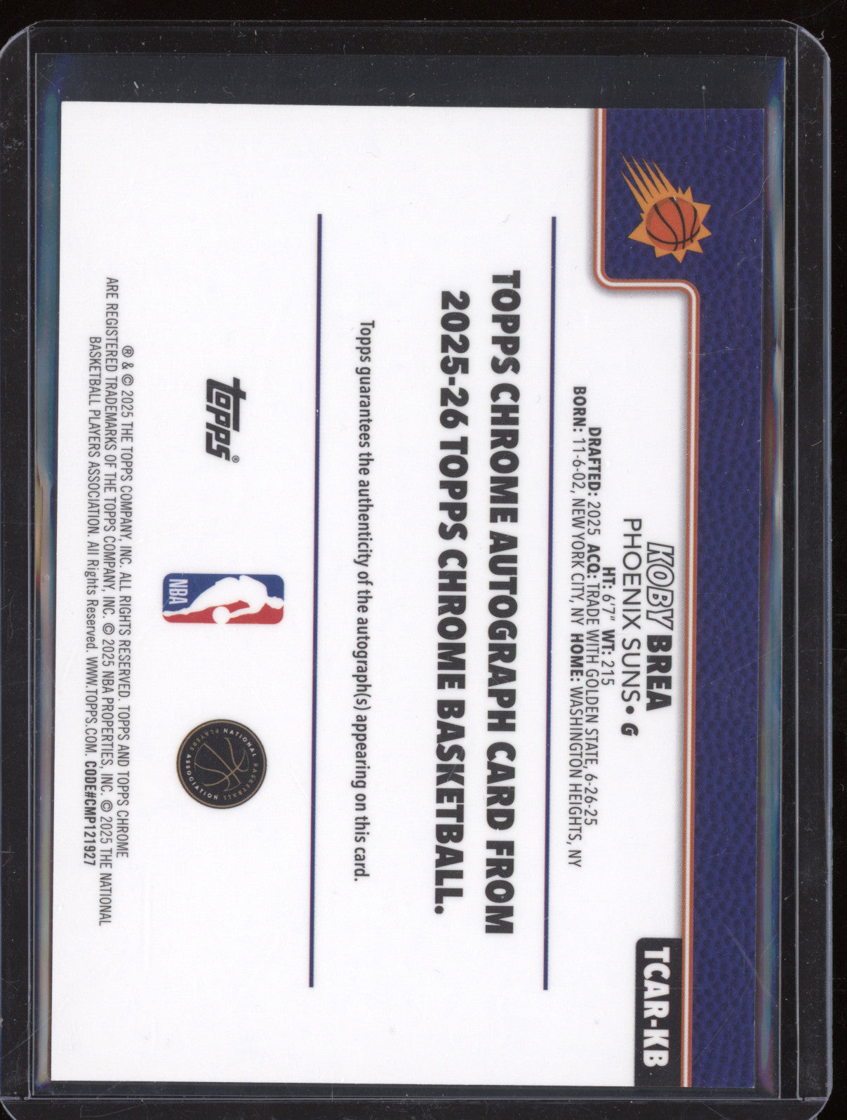 Koby Brea 2025-26 Topps Chrome TCAR-KB Rookie Auto RC
