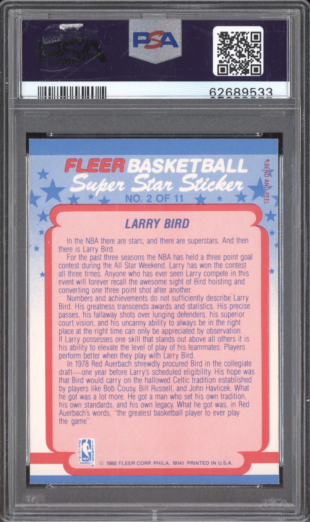 Larry Bird 1988 Fleer Sticker 2 PSA 7