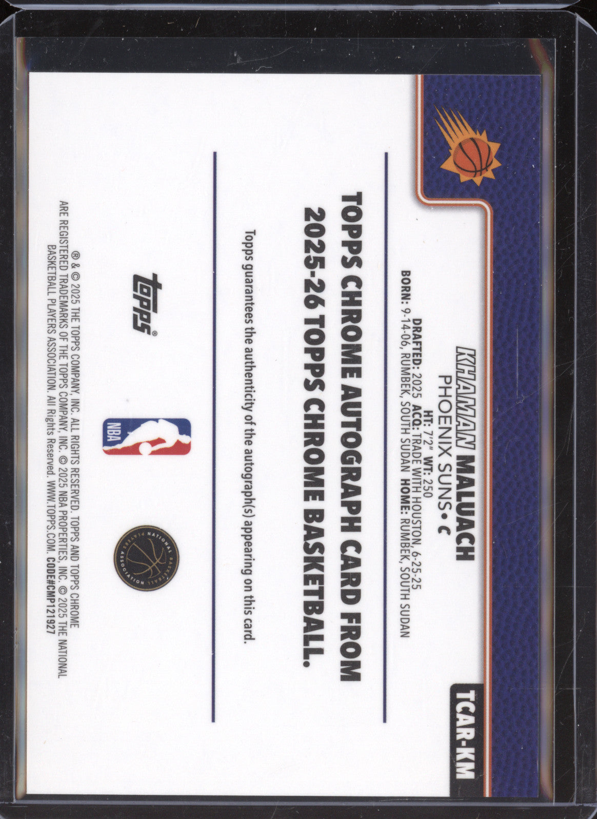 Khaman Maluach 2025-26 Topps Chrome TCAR-KM Rookie Auto RC