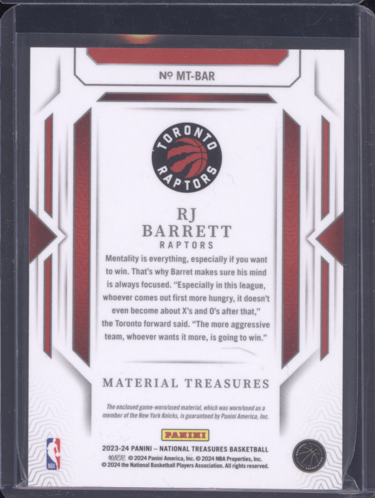 RJ Barrett 2023 Panini National Treasures Materials Treasures MT-BAR 1/1