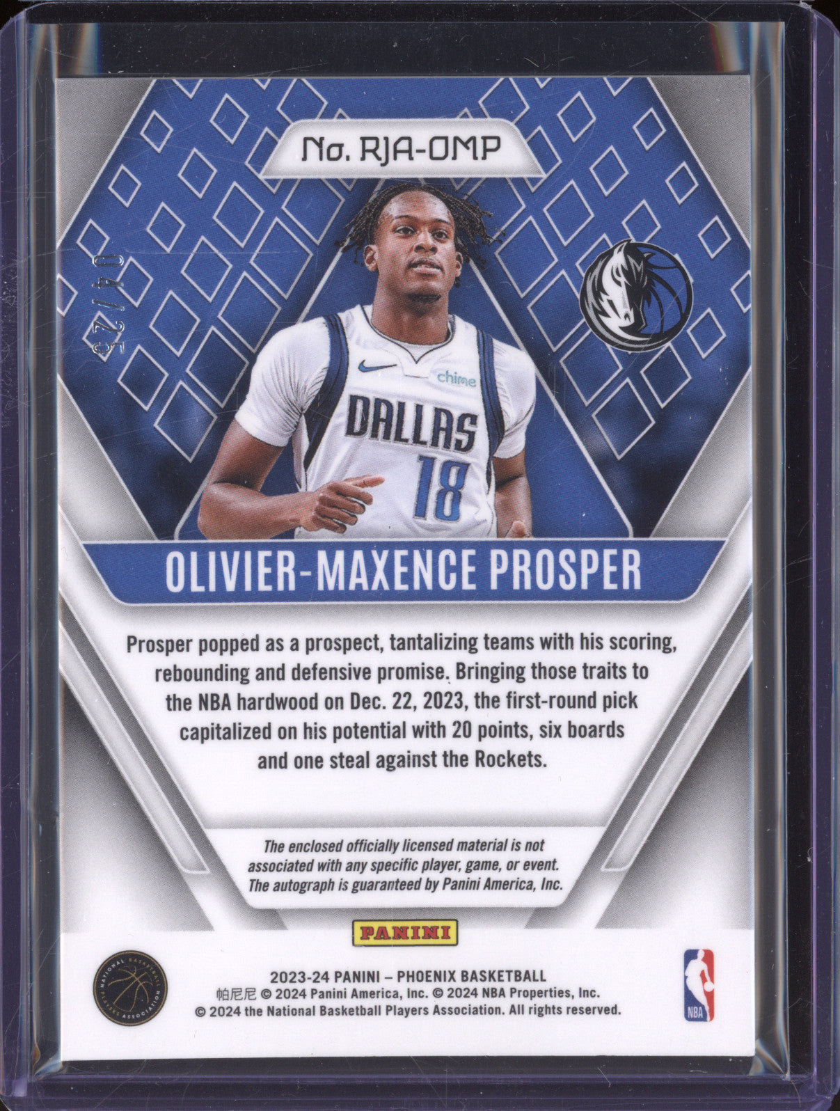 2023-24 Panini Phoenix RJA-OMP Olivier-Maxence Prosper Blue Auto RPA RC 4/25