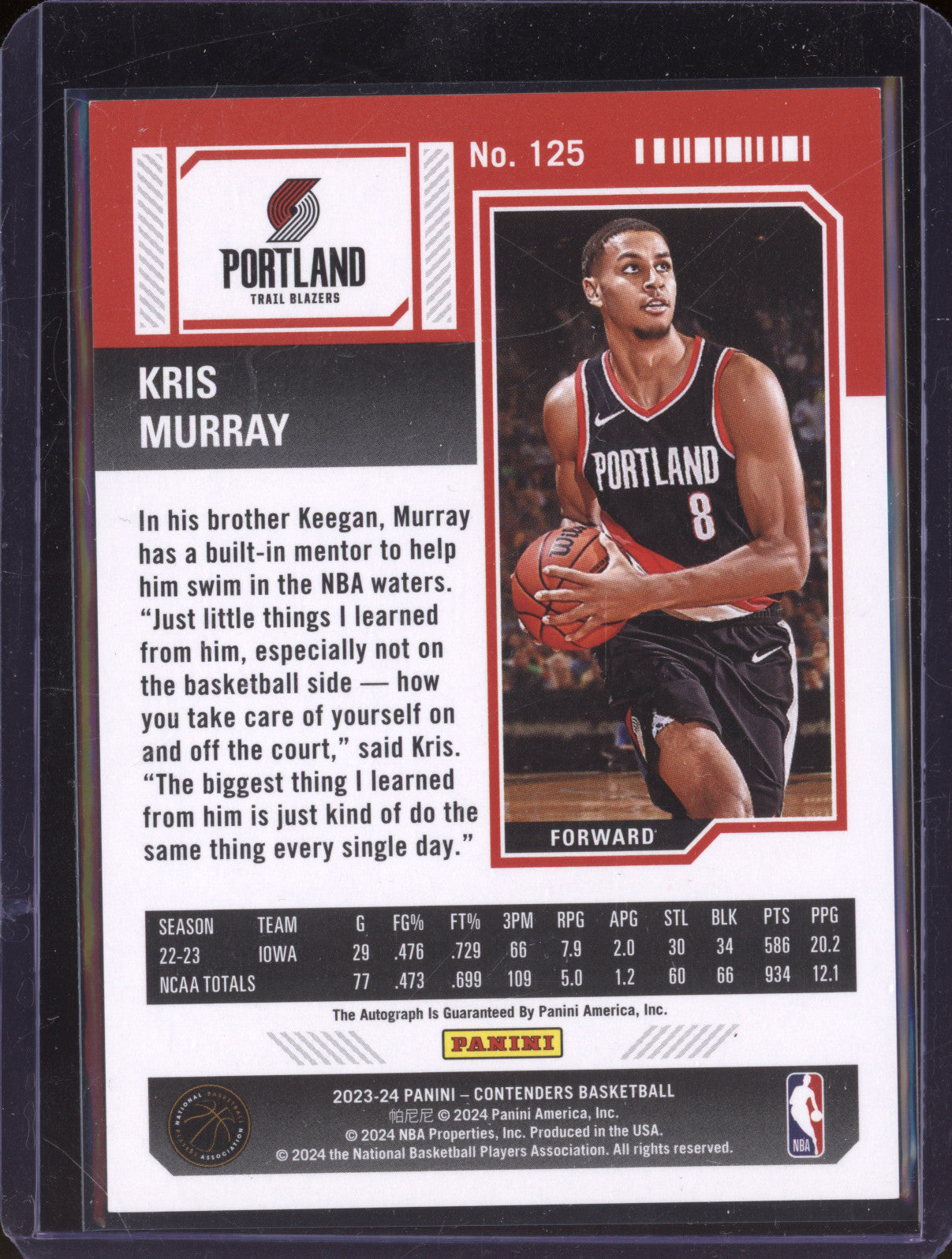 Kris Murray 2023-24 Panini Contenders 125 Playoff Ticket Auto Silver RC 76/99