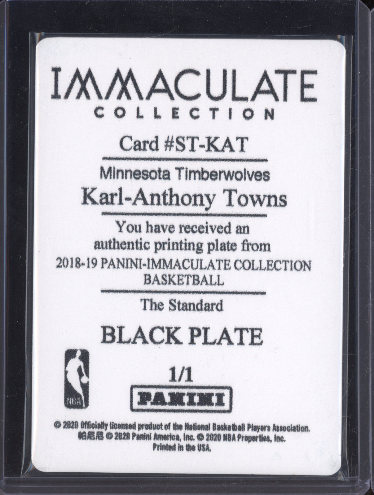 2020-21 Panini Immaculate ST-KAT Karl-Anthony Towns Printing Plate Black 1/1