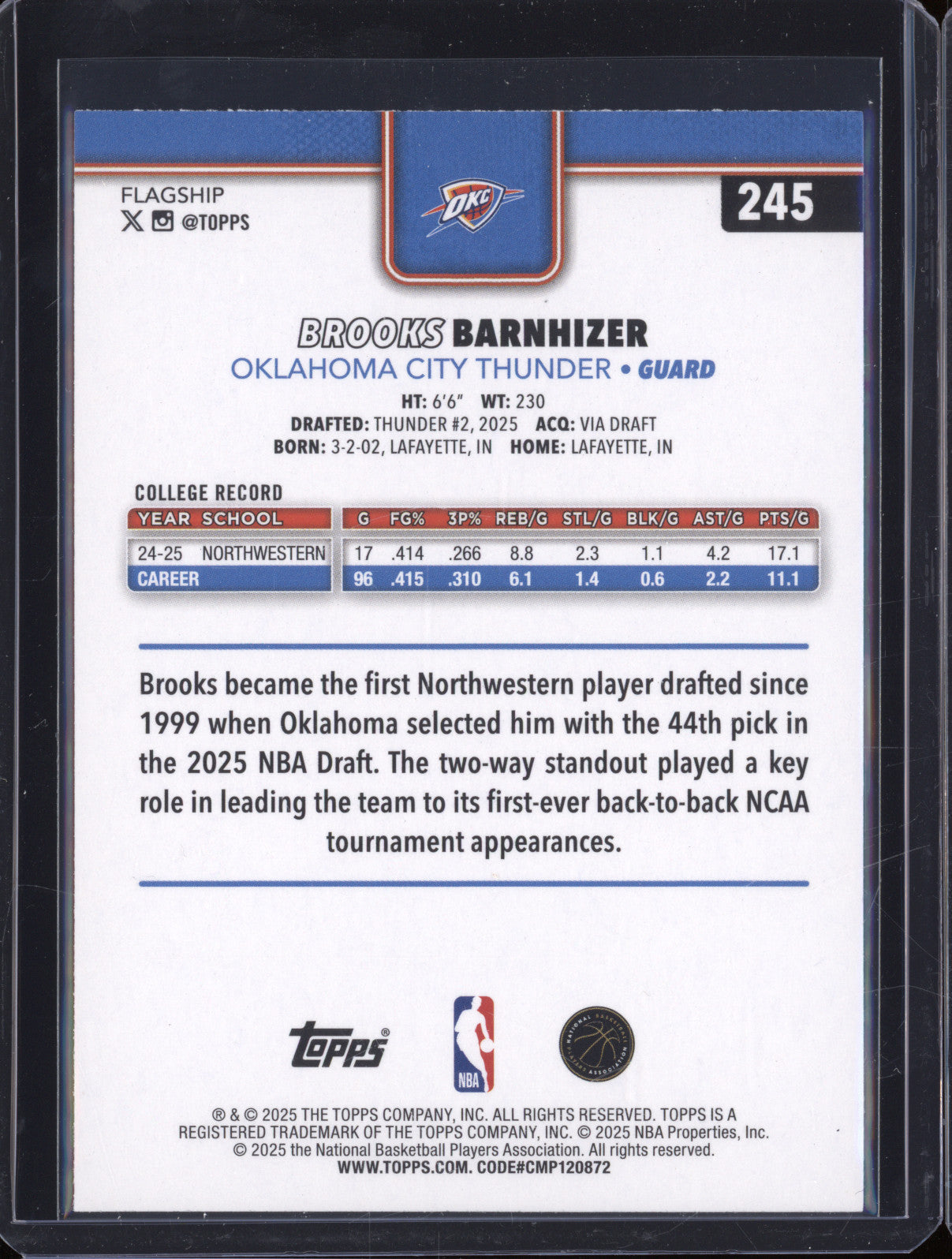 2025 NBA Basketball Topps 245 Brooks Barnhizer Rainbow Foilboard Holo Rookie RC