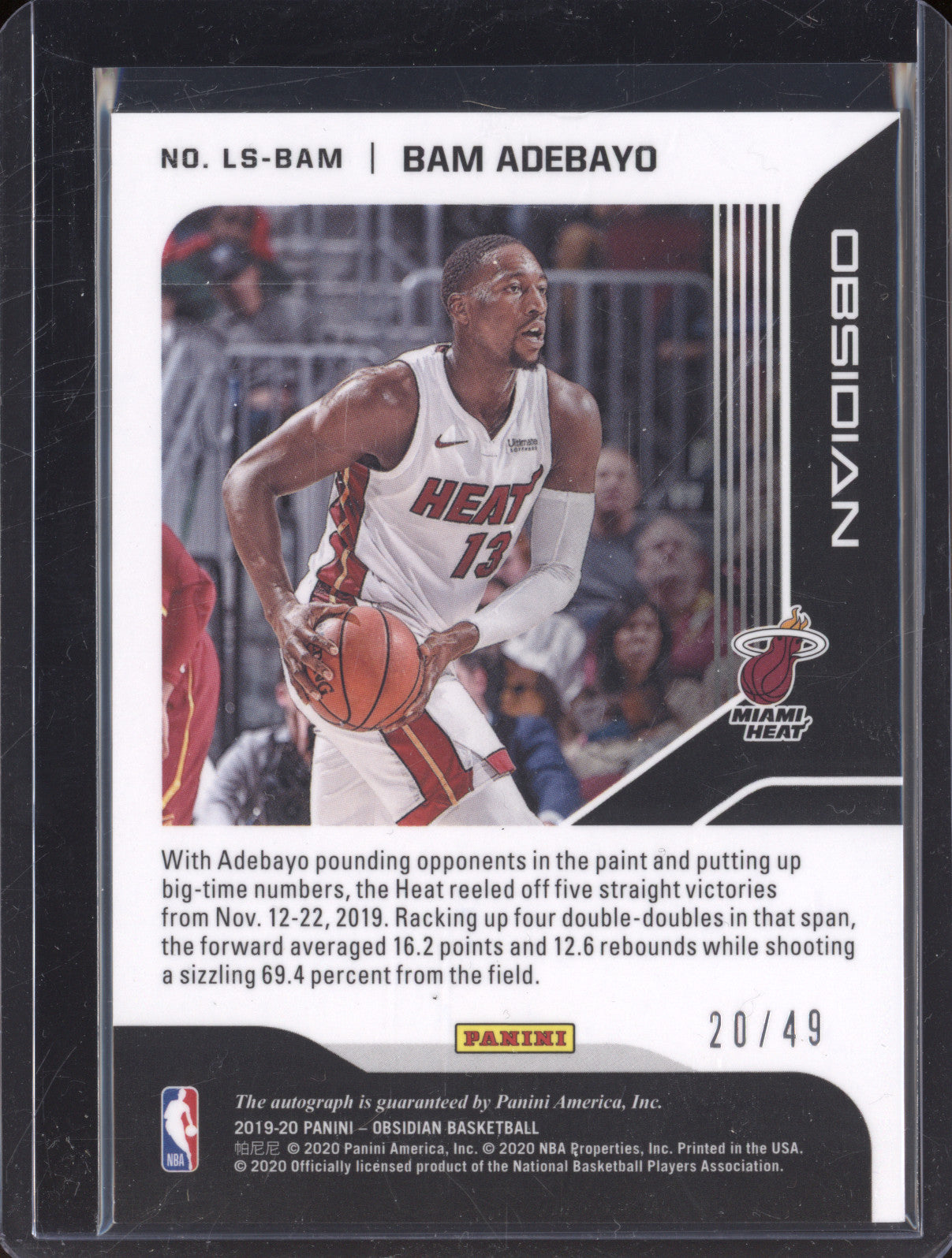 Bam Adebayo 2019-20 Panini Obsidian LS-BAM Lightning Strike Auti 20/49