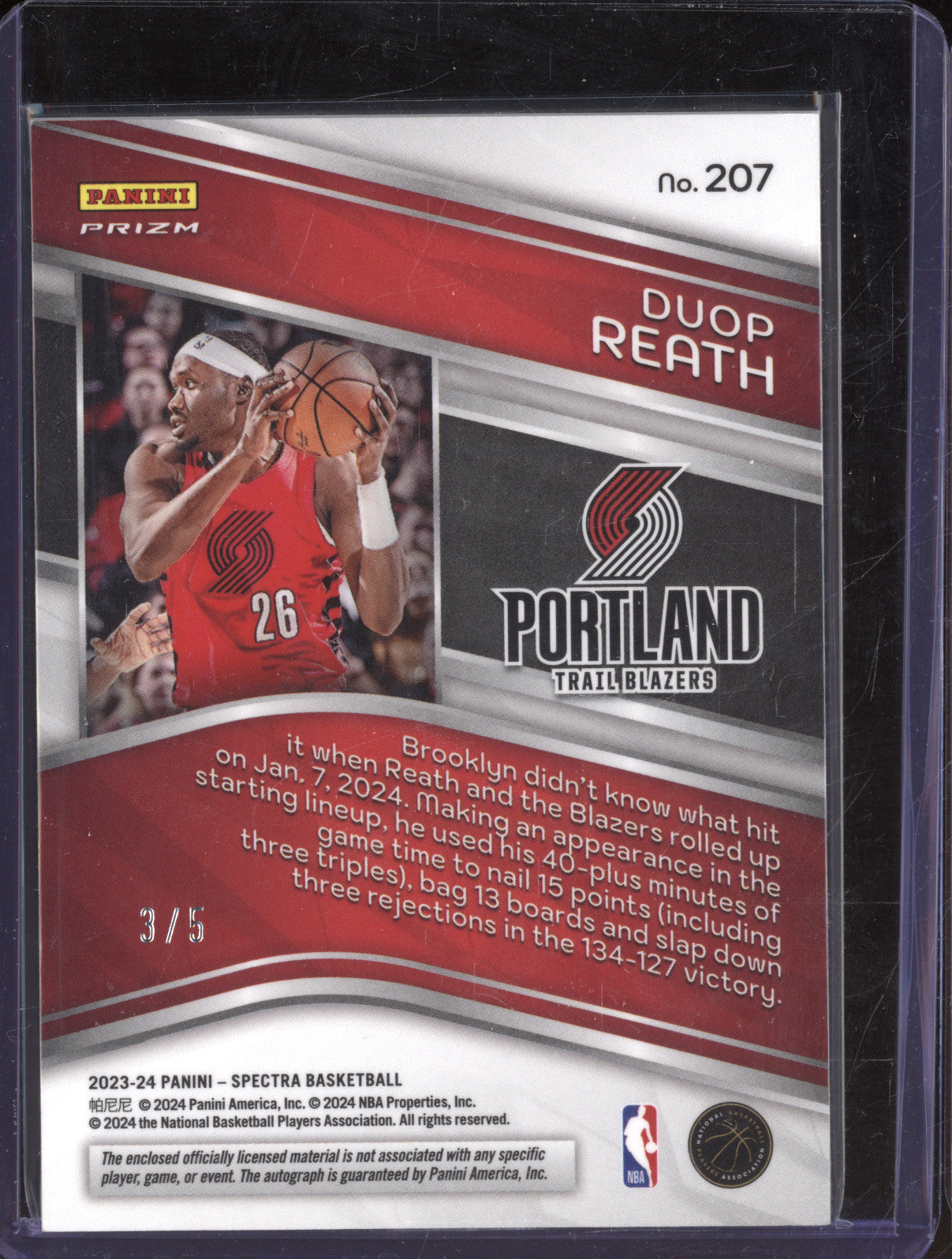 2023-24 Panini Spectra Duop Reath Rookie Jersey Autographs Marble 3/5 RC Auto