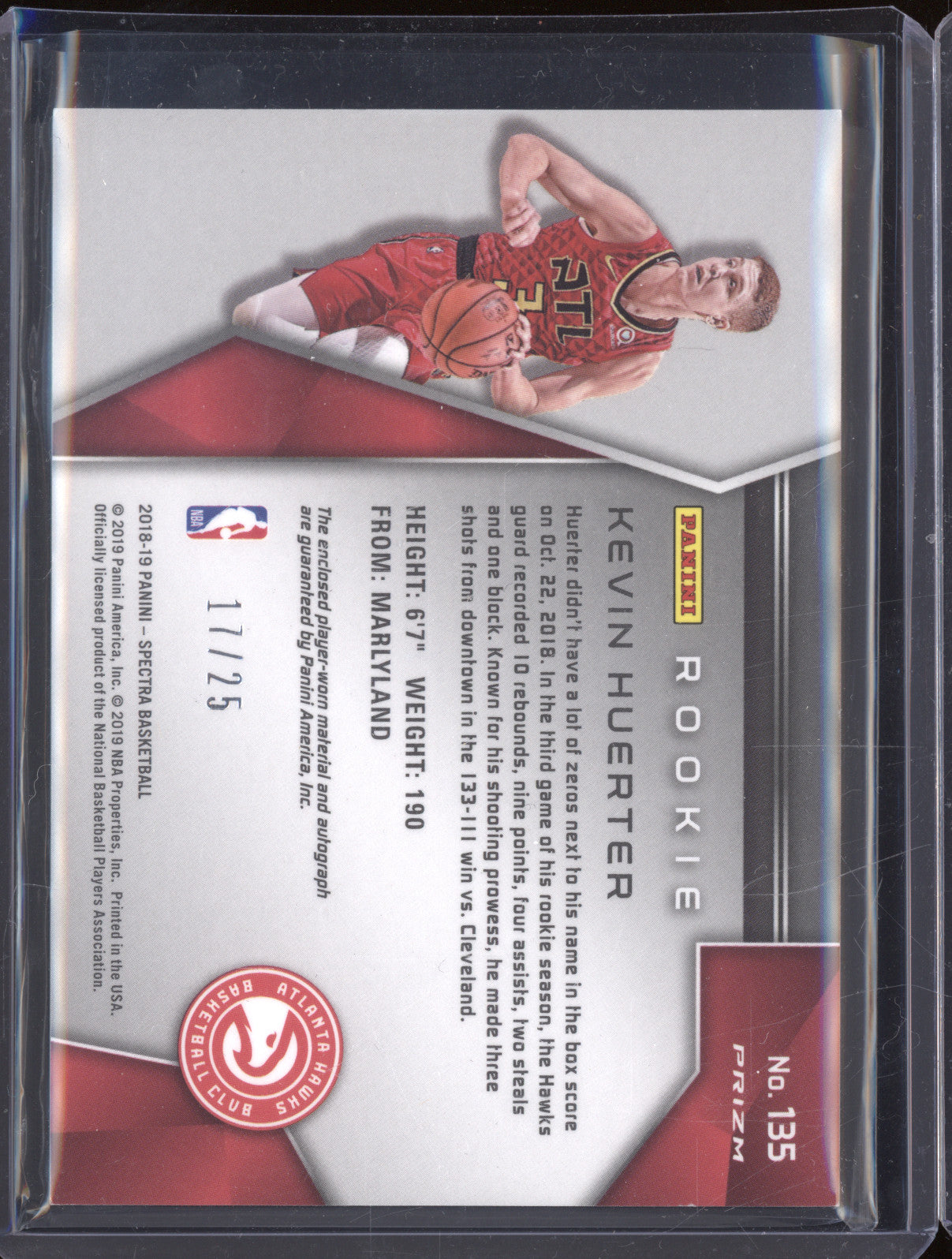 Kevin Huerter 2018-19 Panini Spectra 135 Rookie Patch Auto Pink Neon RC 17/25