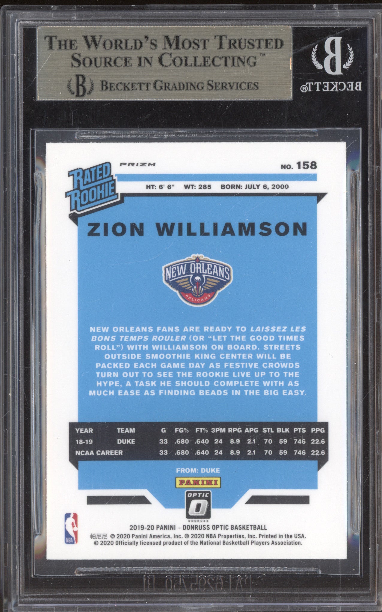 Zion Williamson 2019-20 Panini Donruss Optic 158 Blue Velocity RC BGS 9.5