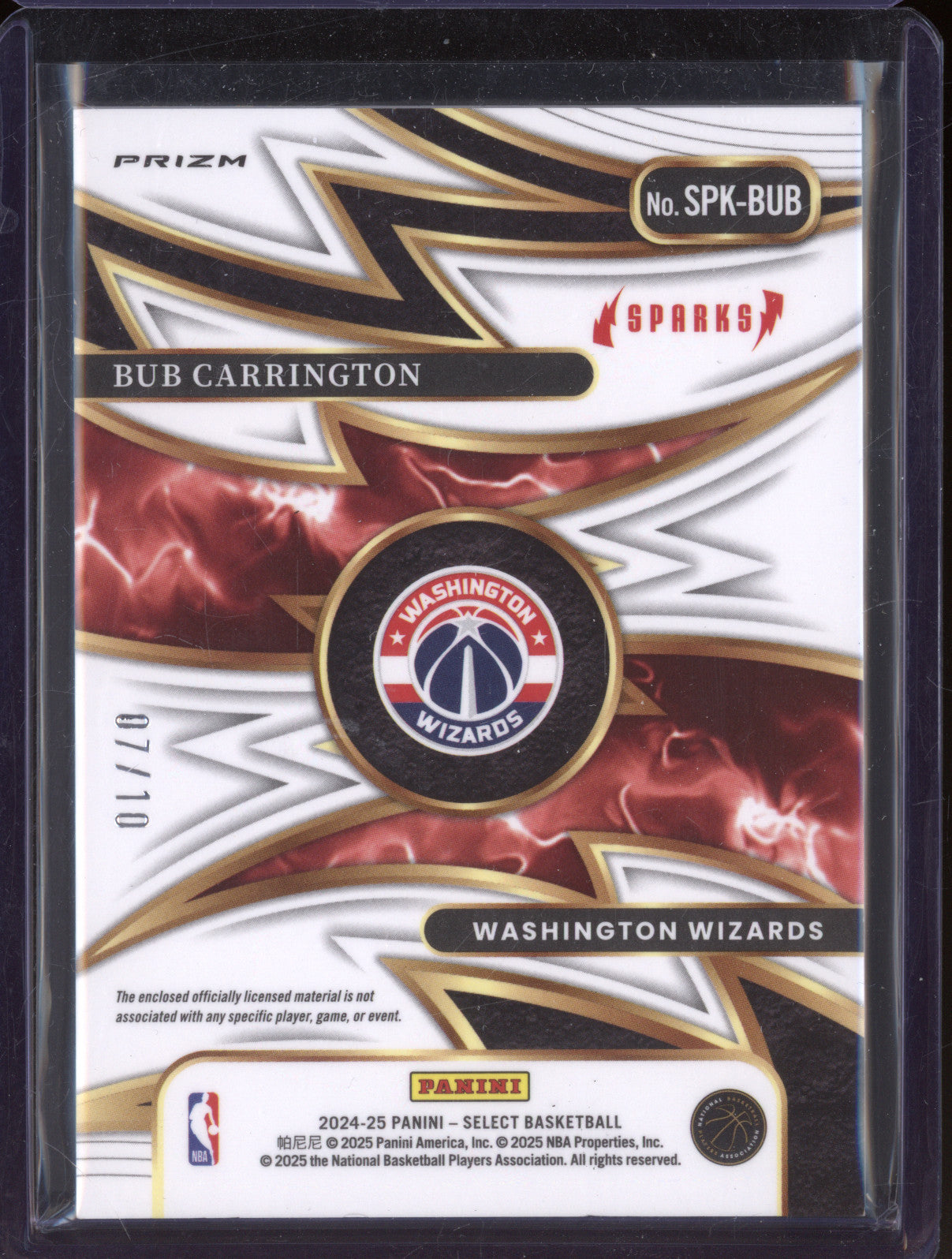 2024-25 Panini Select SPK-BUB Bub Carrington Sparks Patch Gold RC 07/10