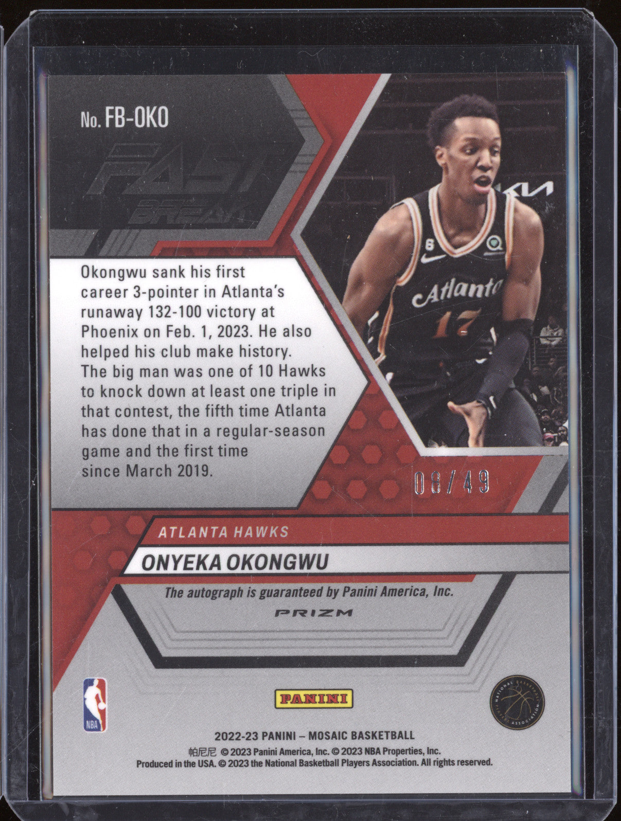 Onyeka Okongwu 2022-23 Panini Mosaic FB-OKO Red Fast Break Auto /49