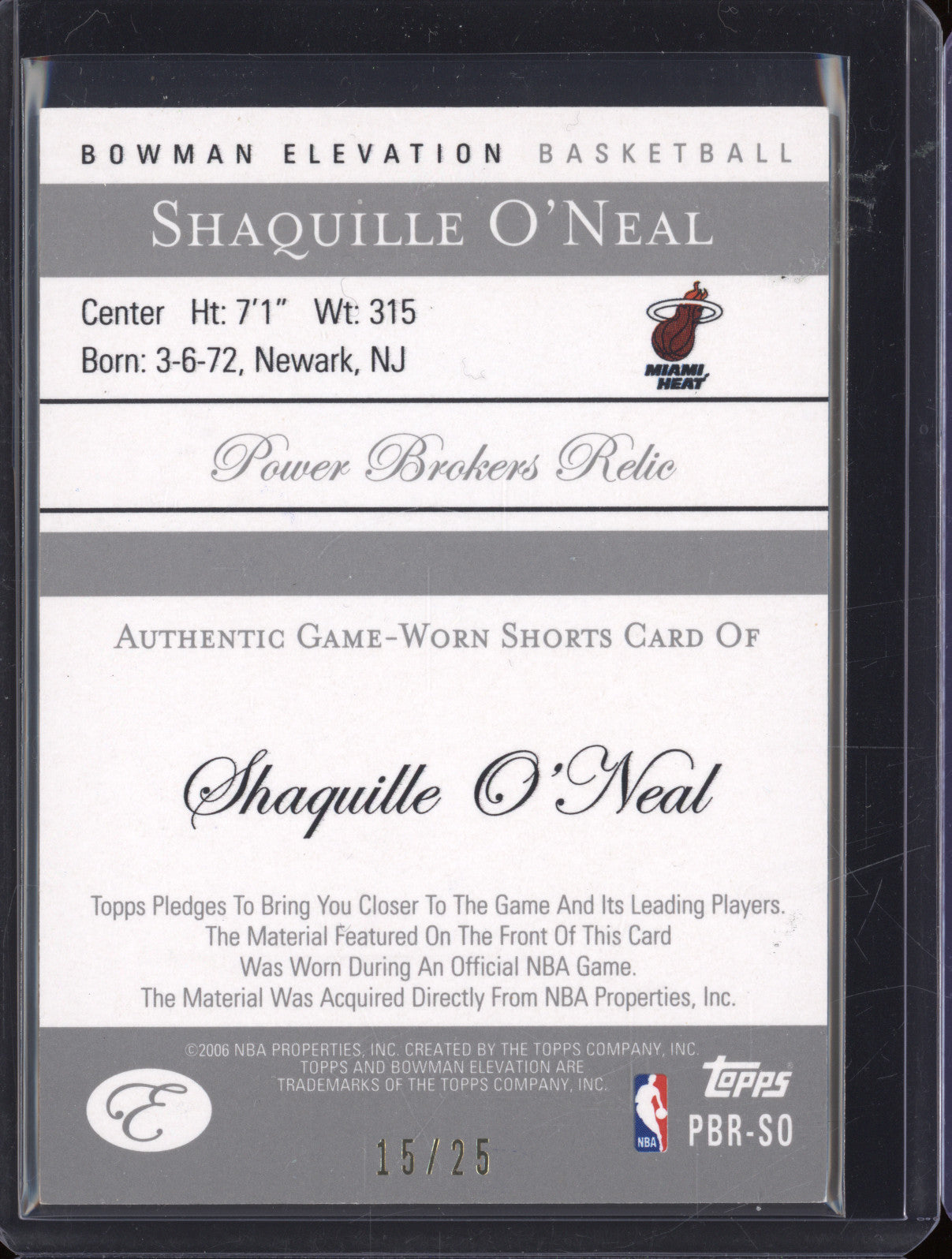 2006 Topps Bowman Elevation Basketball PBR-SO Shaquille O'Neal Relic 15/25