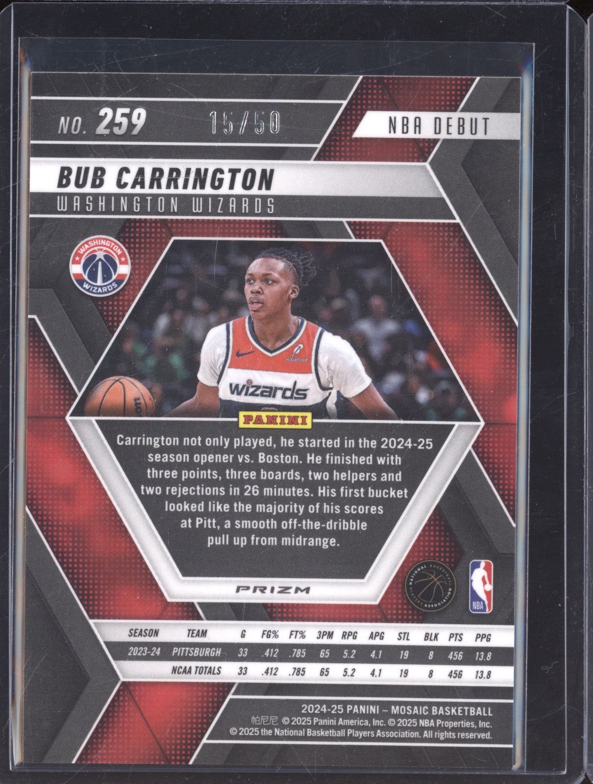 2024-25 Panini Mosaic 259 Bub Carrington NBA Debut Purple Fast Break 15/50 RC