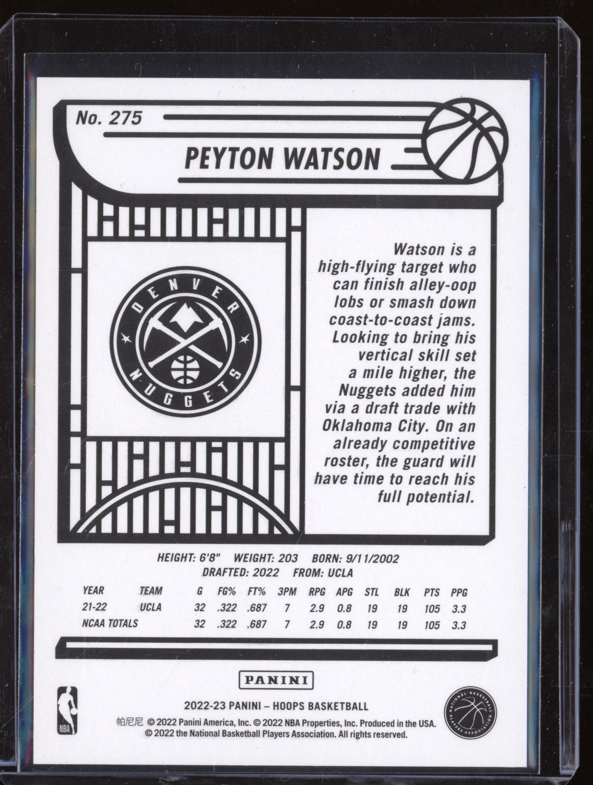 Peyton Watson 2022 Panini NBA Hoops 275 Artist Proof RC /25