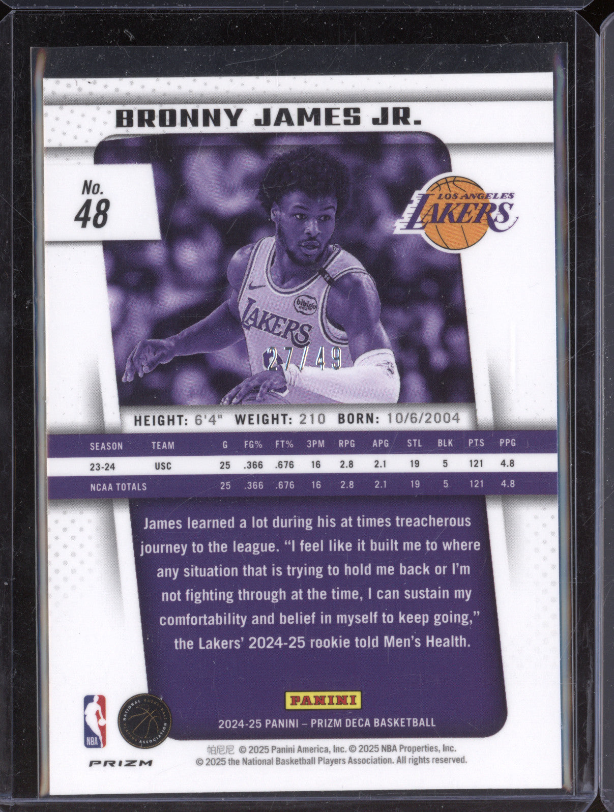 2024-25 Panini Prizm Deca 48 Bronny James Jr. Orange Prizm RC 27/49