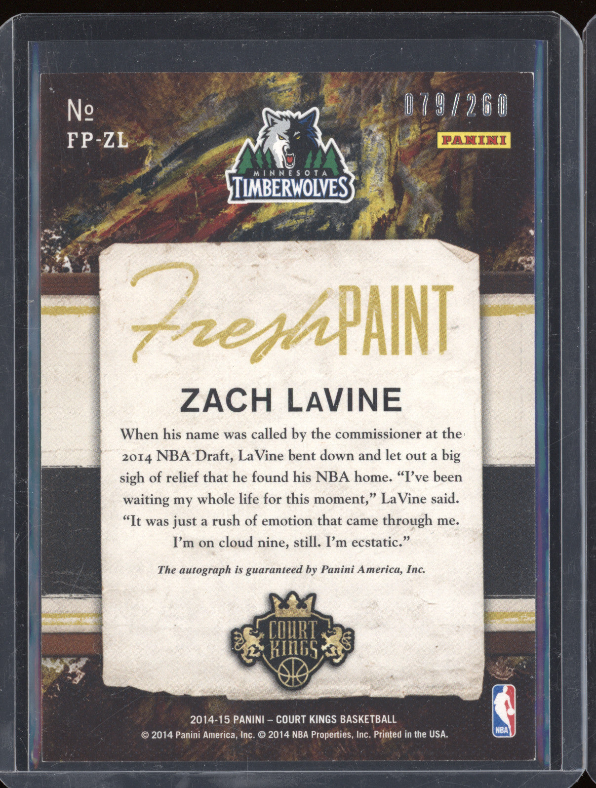 2014-15 Panini Court Kings FP-ZL Zach Lavine Fresh Paint Rookie Auto RC 079/260