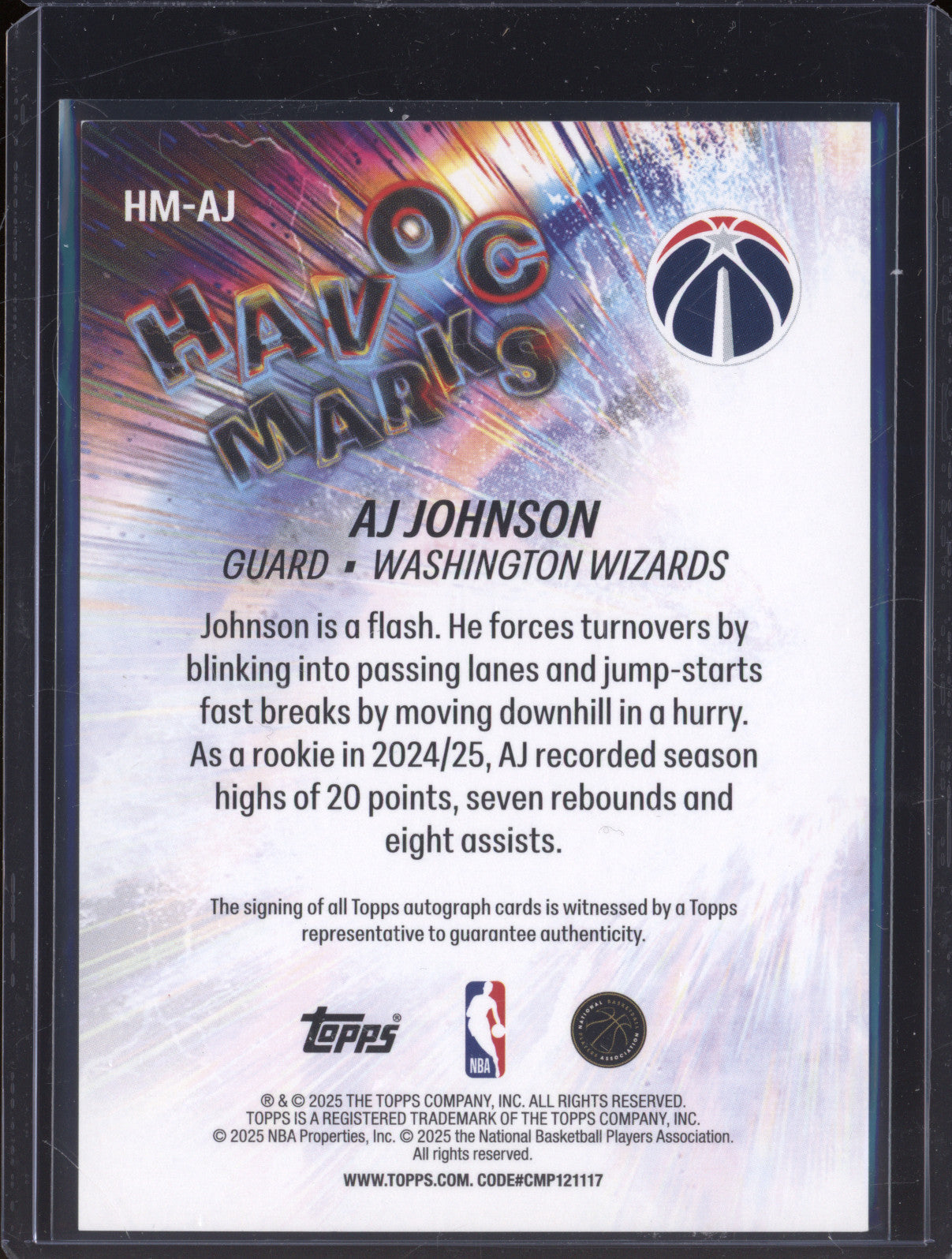 2025 NBA Basketball Topps AJ Johnson HM-AJ Havoc Marks Orange Rainbow Auto /25