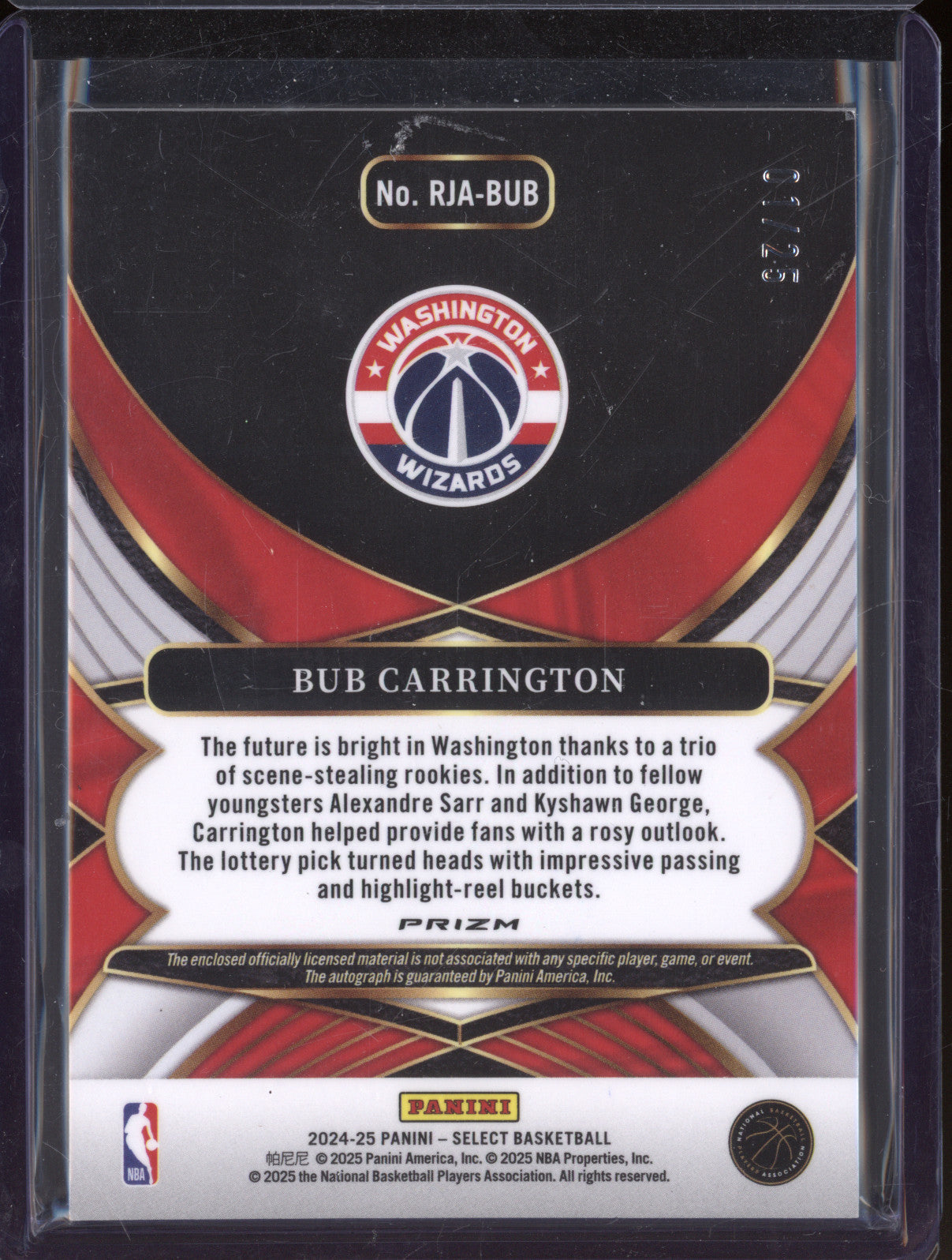 2024-25 Panini Select RJA-BUB Bub Carrington Tie-Dye Rookie Patch Auto RC 01/25
