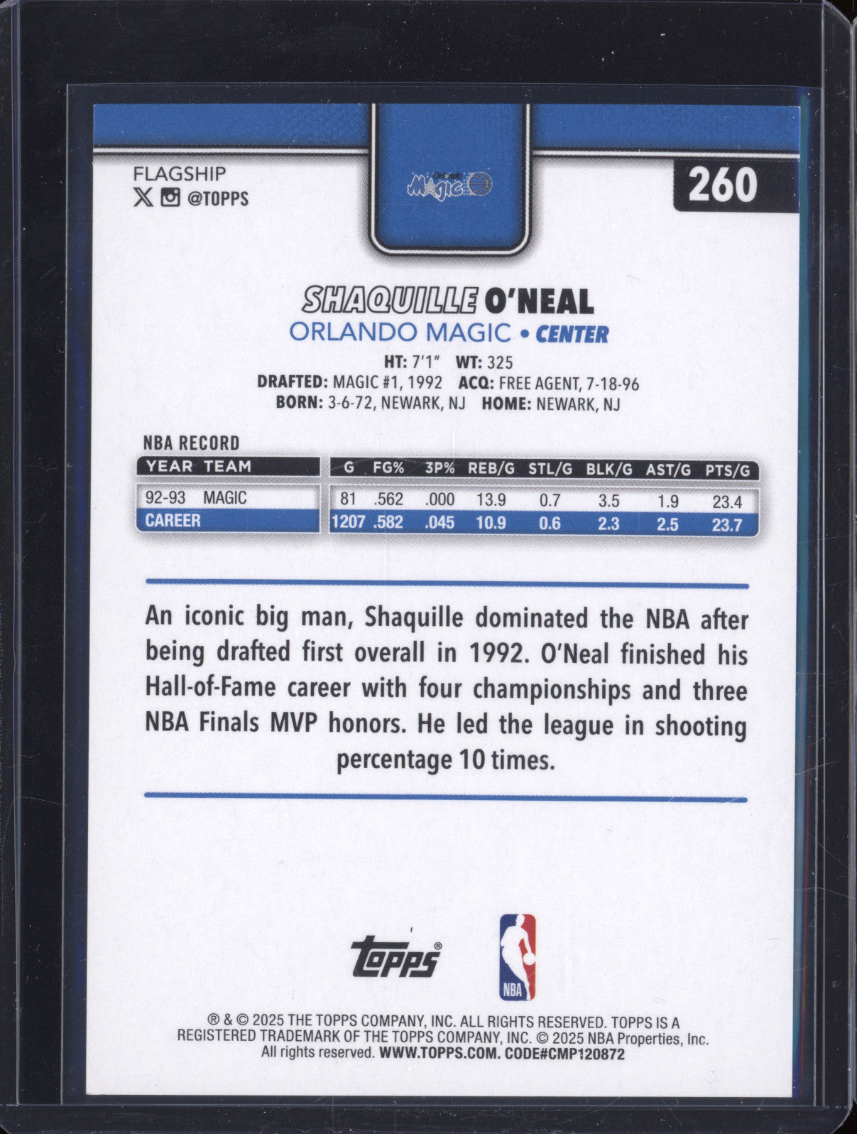 2025 NBA Basketball Topps Shaquille O'Neal 260 Orange Rainbow /25