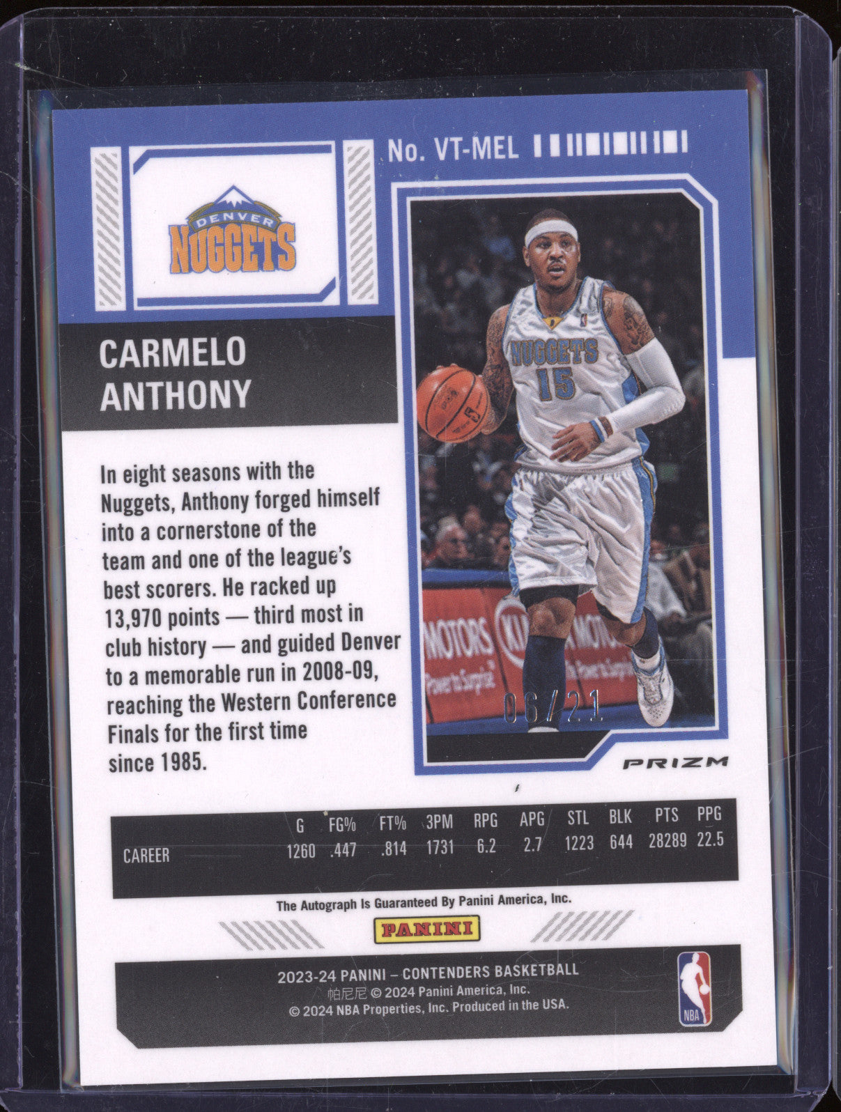 2023-24 Panini Contenders Carmelo Anthony Season Ticket Blue Shimmer Auto 06/21