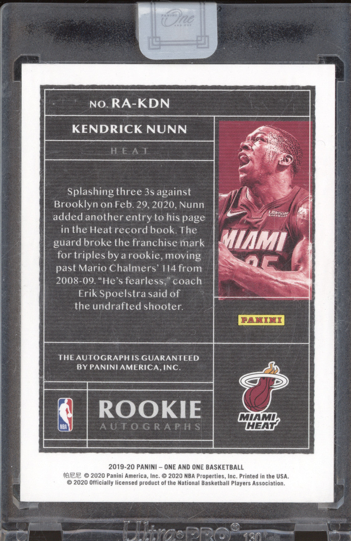 Kendrick Nunn 2019-20 Panini One and One RA-KDN Rookie Auto Blue RC 43/49