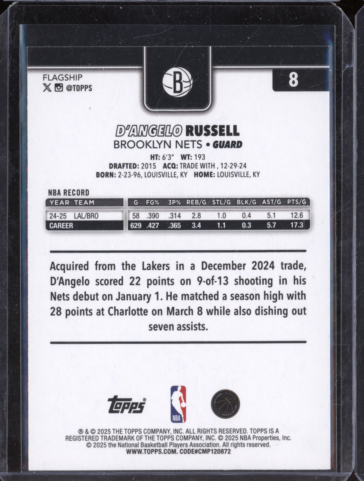 2025 NBA Basketball Topps 8 D'Angelo Russell Gold 1155/2025