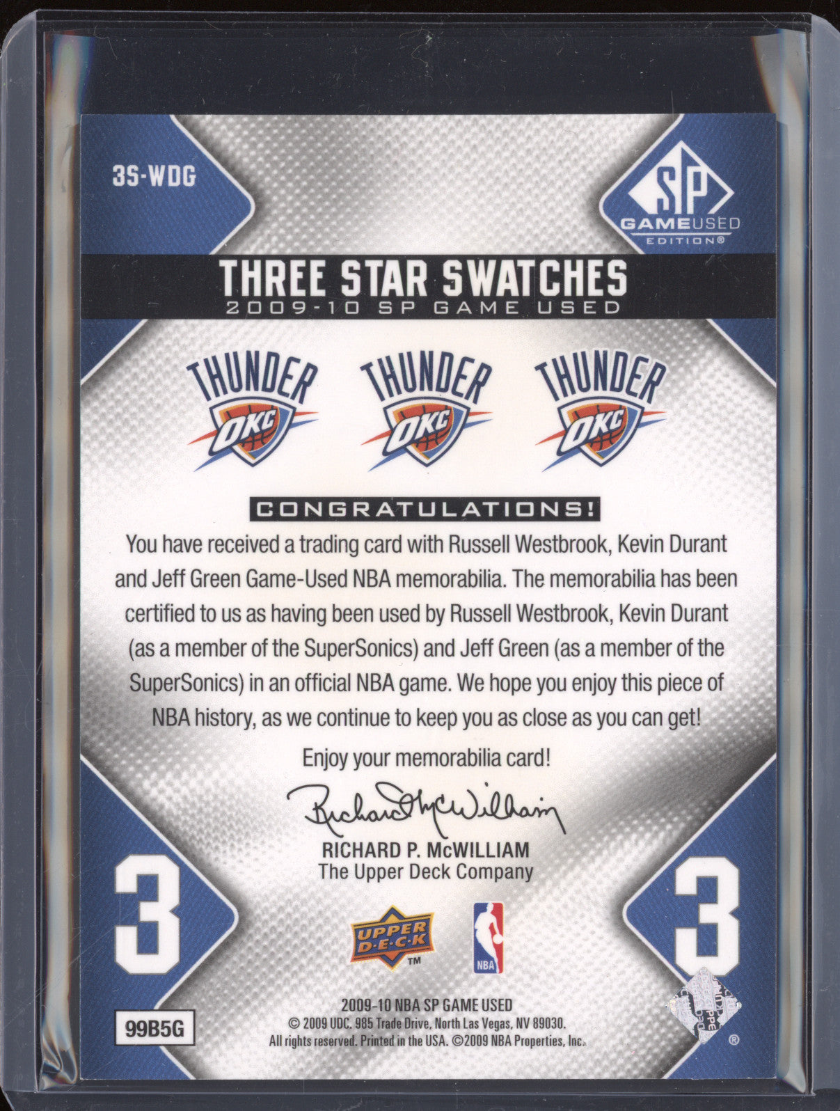 2009 SP Game Used 3S-WDG Westbrook Durant Green Three Star Swatches 010/125