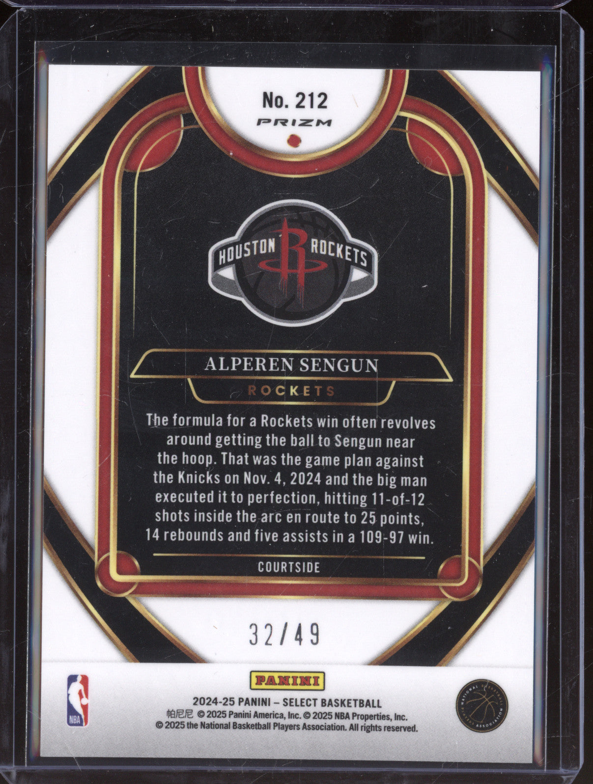 Alperen Sengun 2024-25 Panini Select 212 Green White Pink Courtside /49