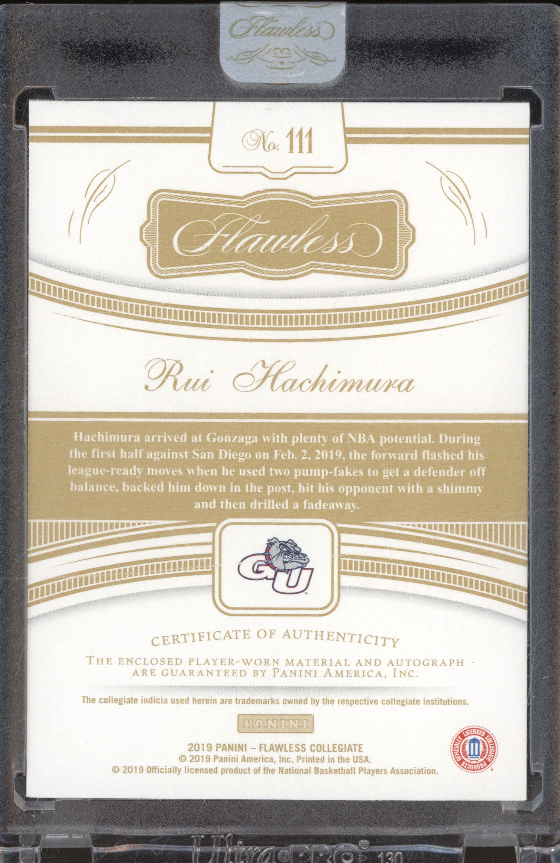 2019 Panini Flawless Collegiate 111 Rui Hachimura Gold RC 07/25