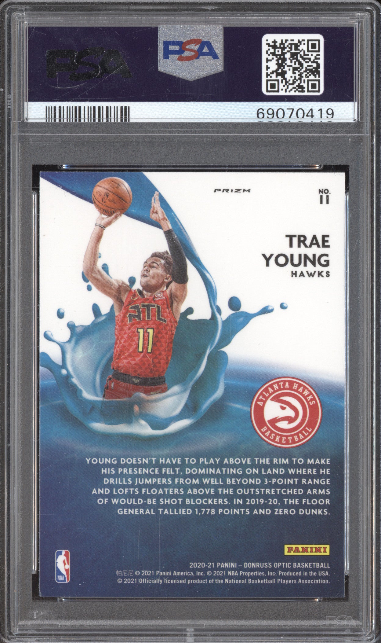 2020-21 Panini Donruss Optic 11 Trae Young Splash! Purple PSA 8