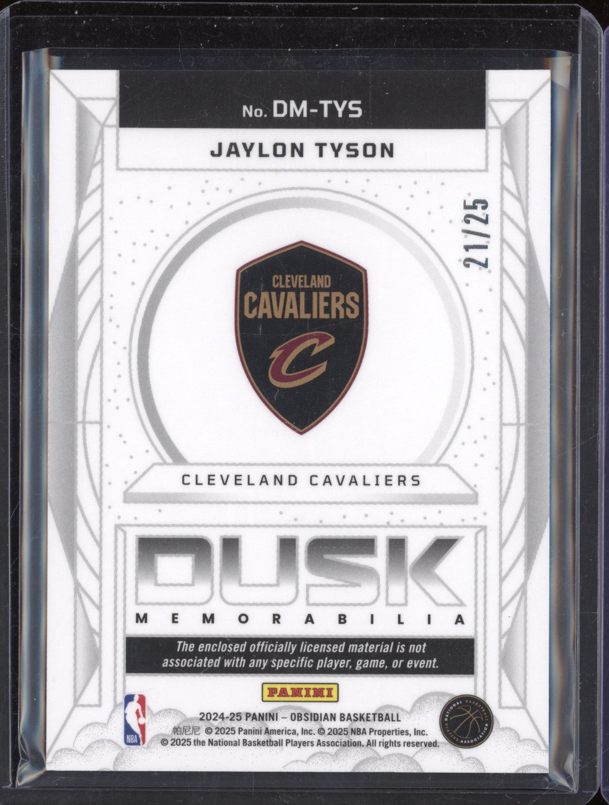 Jaylon Tyson 2024-25 Panini Obsidian Dusk Memorabilia RC /25