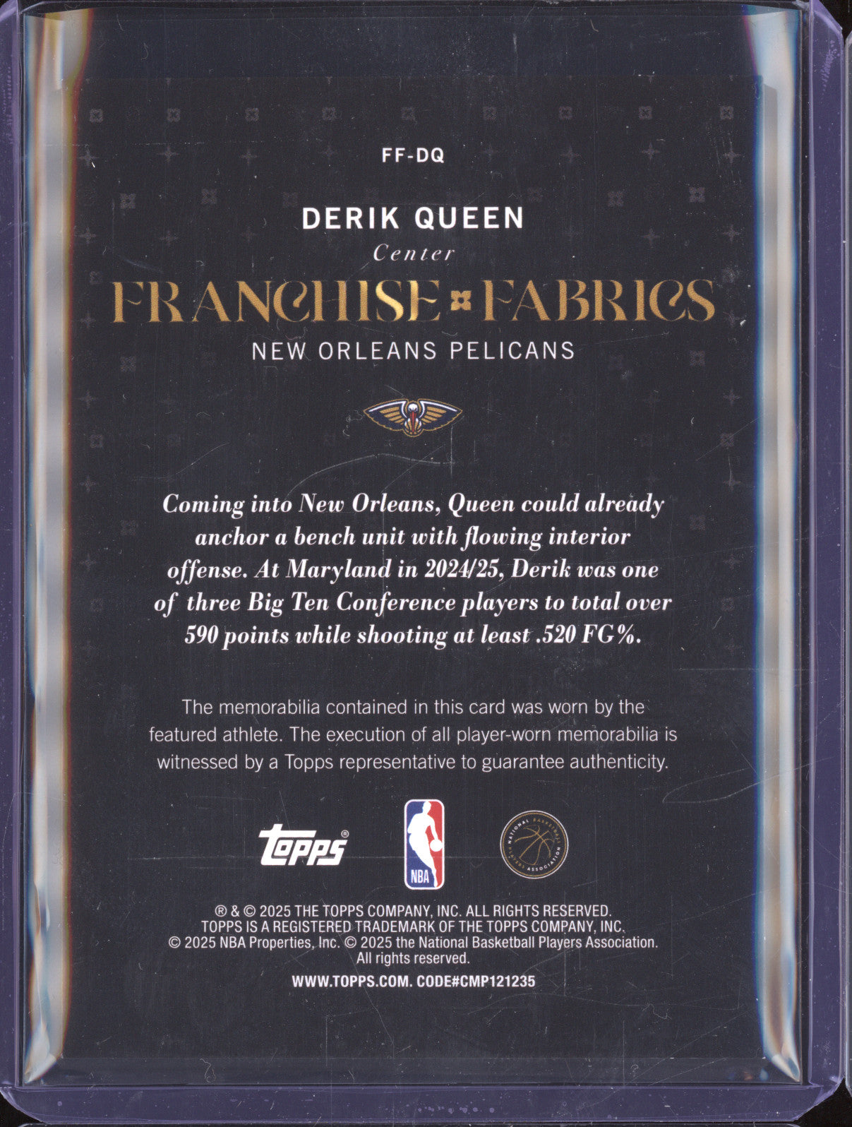 Derik Queen 2025 Topps Franchise Fabrics Holo Foil FF-DQ RC