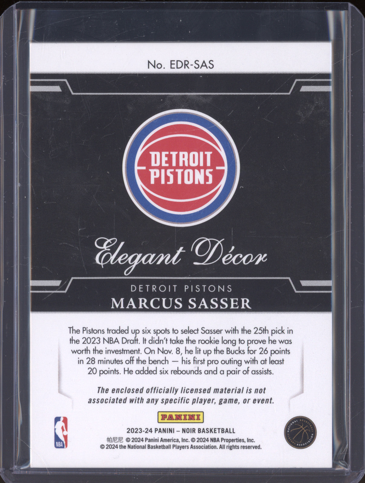 Marcus Sasser 2023-24 Panini Noir Elegant Decor EDR-SAS RC /49