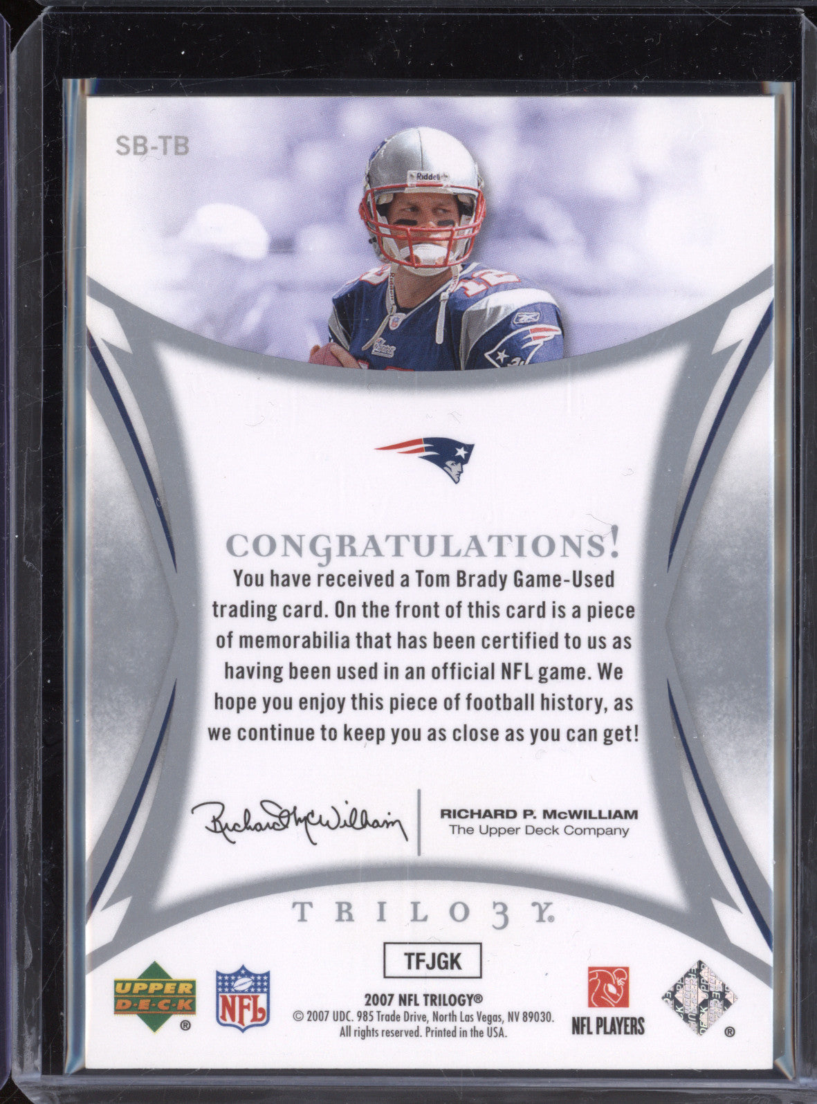 Tom Brady 2007 Upper Deck Trilo3y SB-TB Sunday Best Jersey Silver 158/199