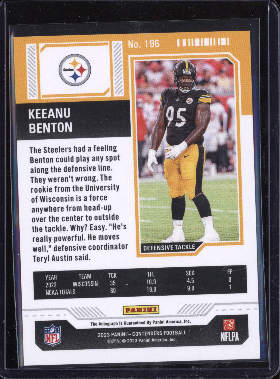 Keeanu Benton 2023 Panini Contenders 196 Rookie Ticket Auto RC