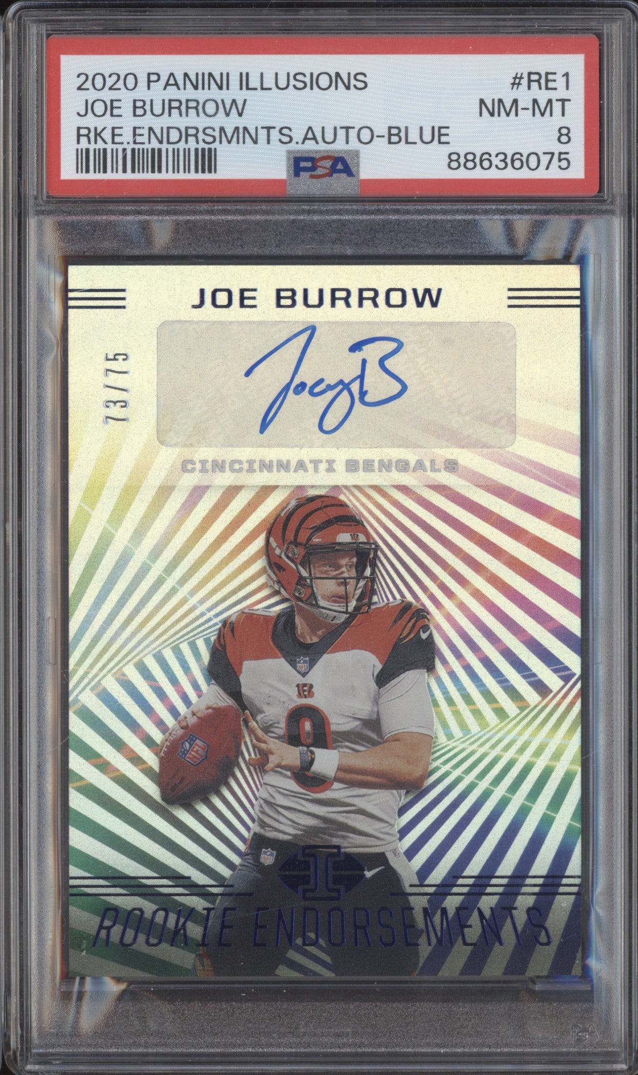 Joe Burrow 2020 Panini Illusions RE1 Rookie Endorsements Auto Blue RC /75 PSA 8