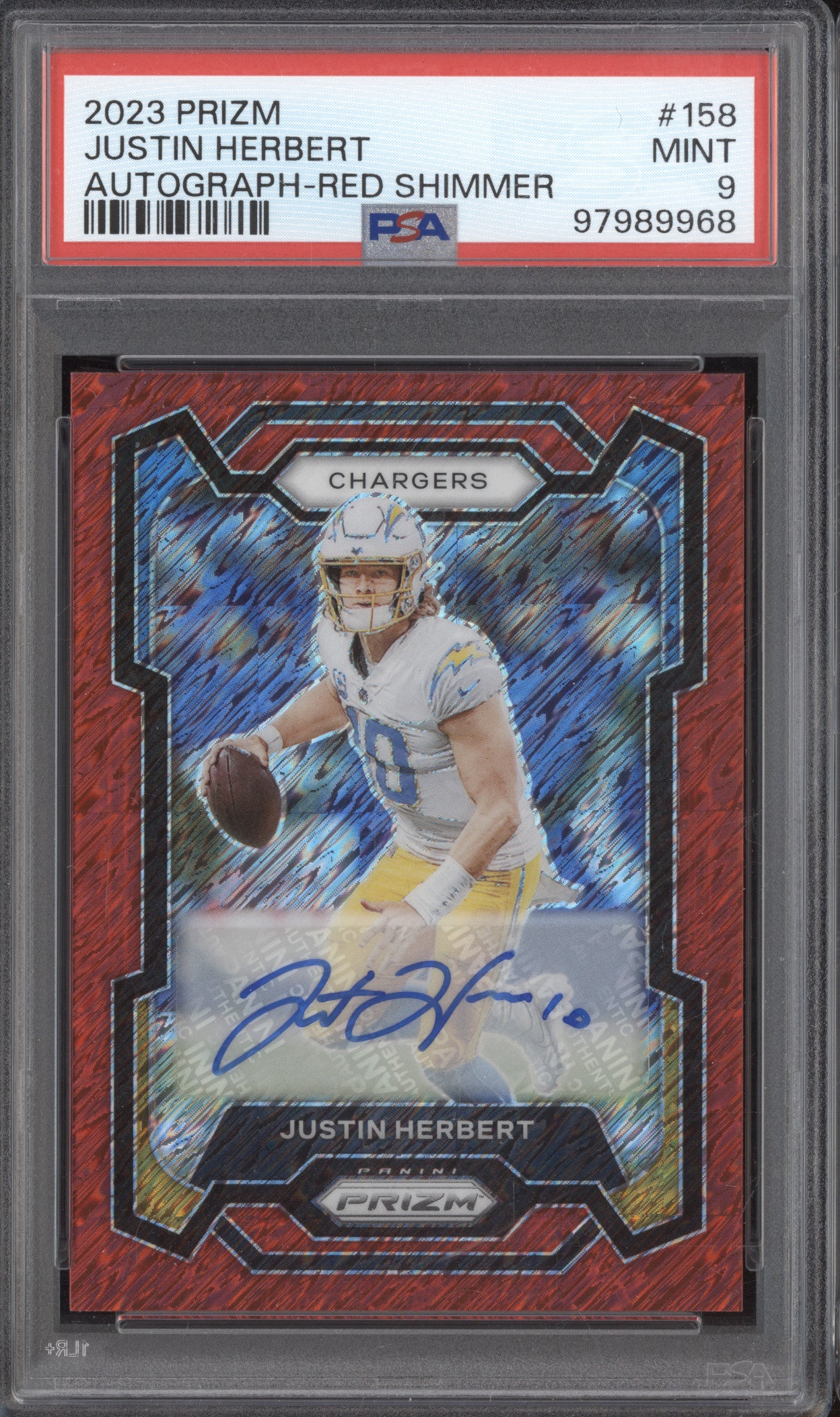 Justin Herbert 2023 Panini Prizm 158 Autograph Red Shimmer 34/35 PSA 9